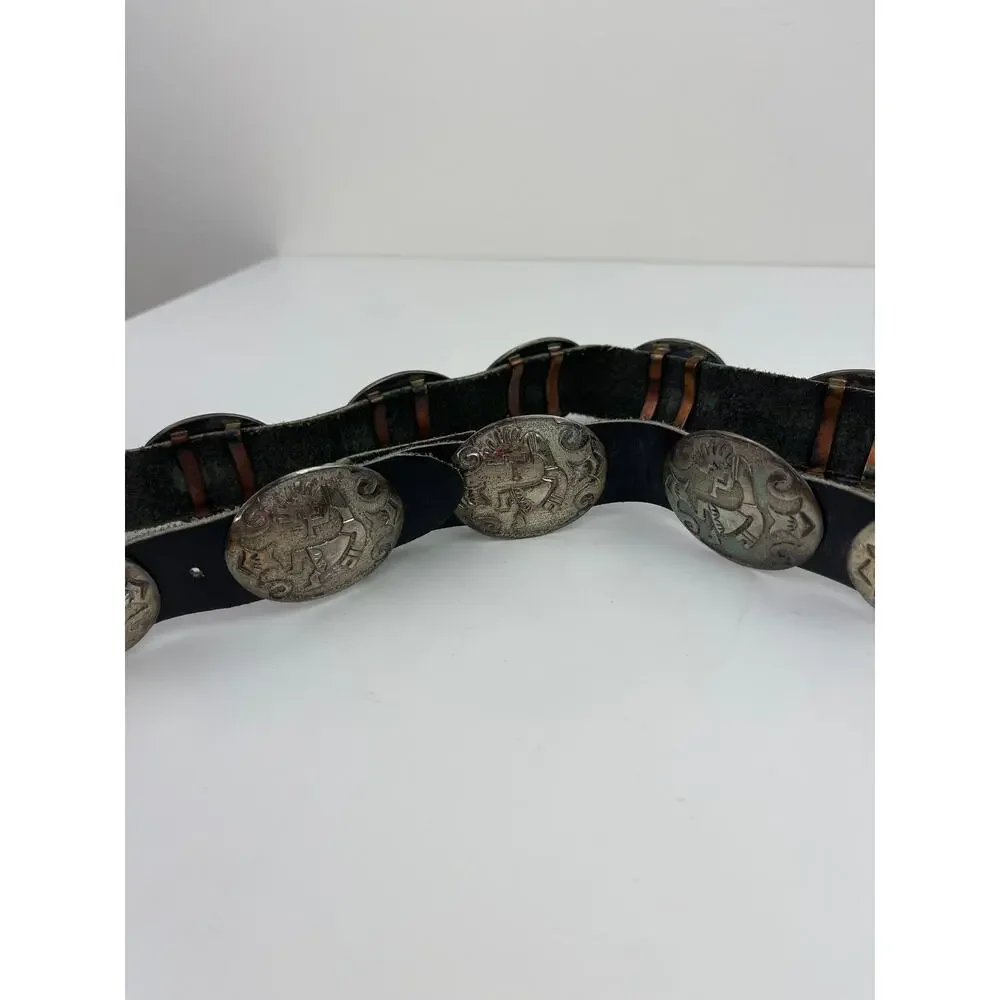 JS James Shay Navajo Sterling Silver Leather Concho Belt Western Native American
